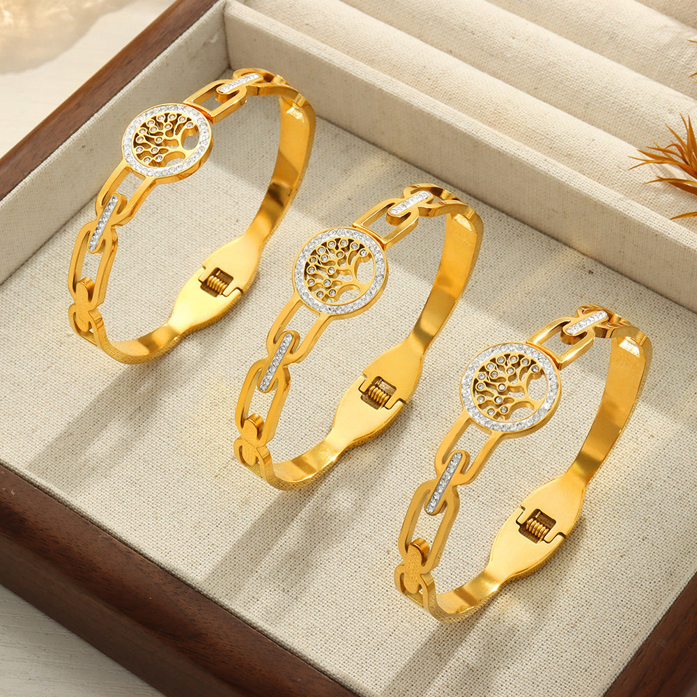 Tree Of Life Bracelet Female Hollow Jeweled Titanium Steel Gold-plated Bracelet