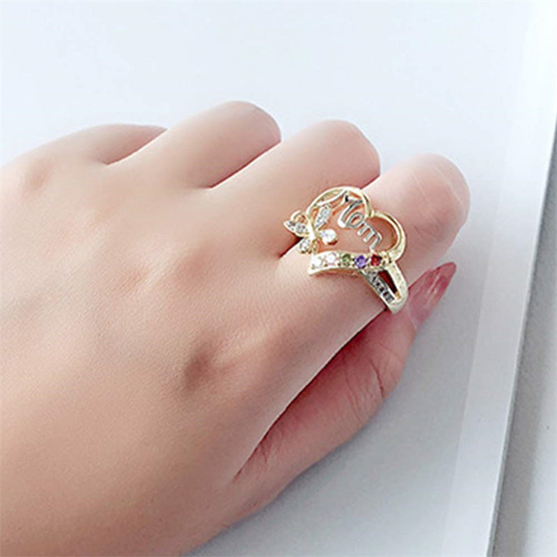 Mother's Day Gift - Hollow Heart Love Mom Rhinestone Butterfly Finger Ring Jewelry Gift | $12.99 | InTown Shopping