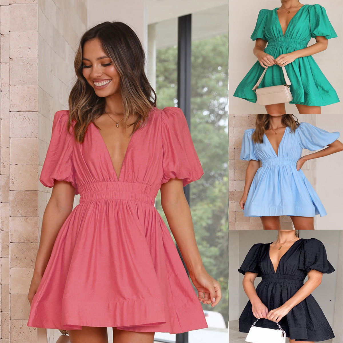 Female V-neck Lantern Sleeve Waist Trimming Short-sleeved Dress | $34.99 | InTown Shopping