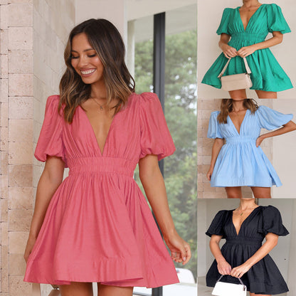 Female V-neck Lantern Sleeve Waist Trimming Short-sleeved Dress | $34.99 | InTown Shopping