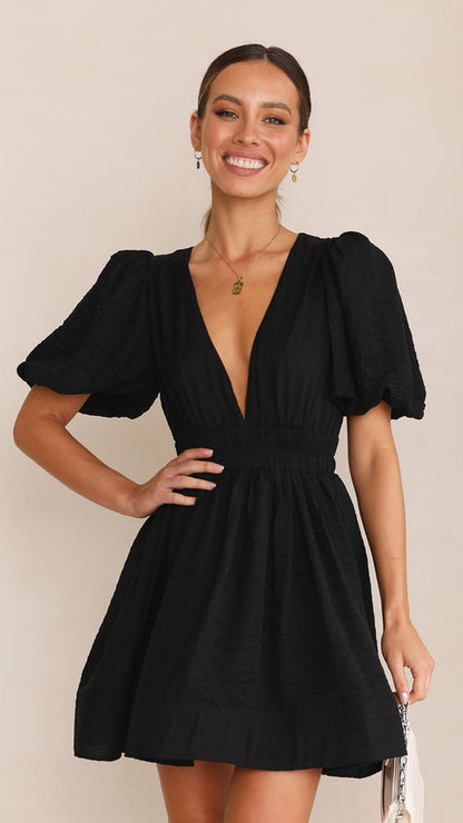 Female V-neck Lantern Sleeve Waist Trimming Short-sleeved Dress | $34.99 | InTown Shopping