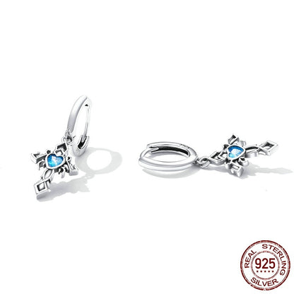 Sterling Silver S925 Vintage Cross Ear Clip Blue Heart-shaped Zircon