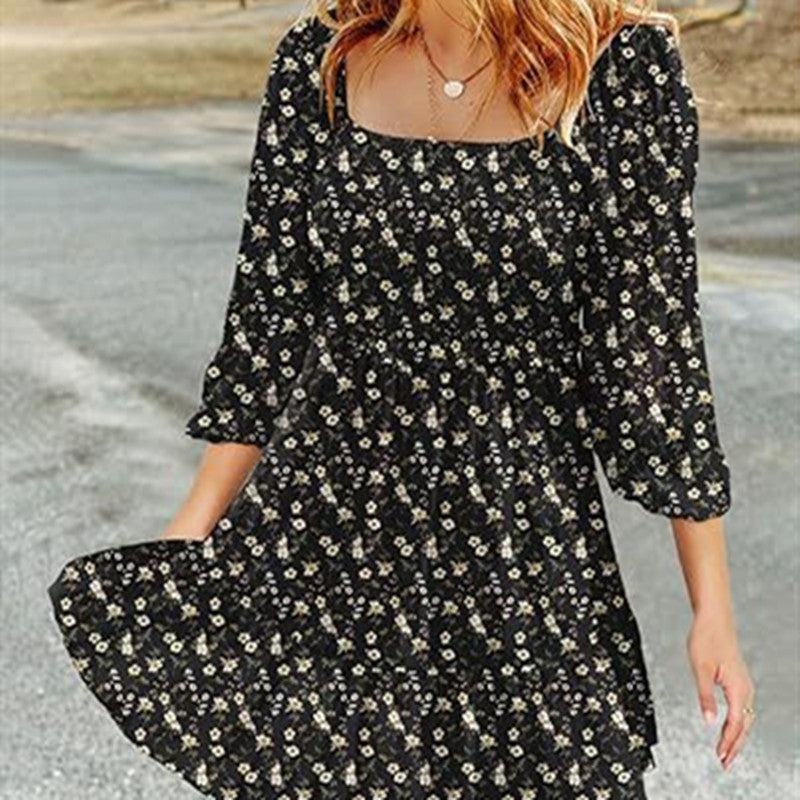 Women's Square Collar Pleating 34 Sleeve Printed Dress | $29.99 | InTown Shopping