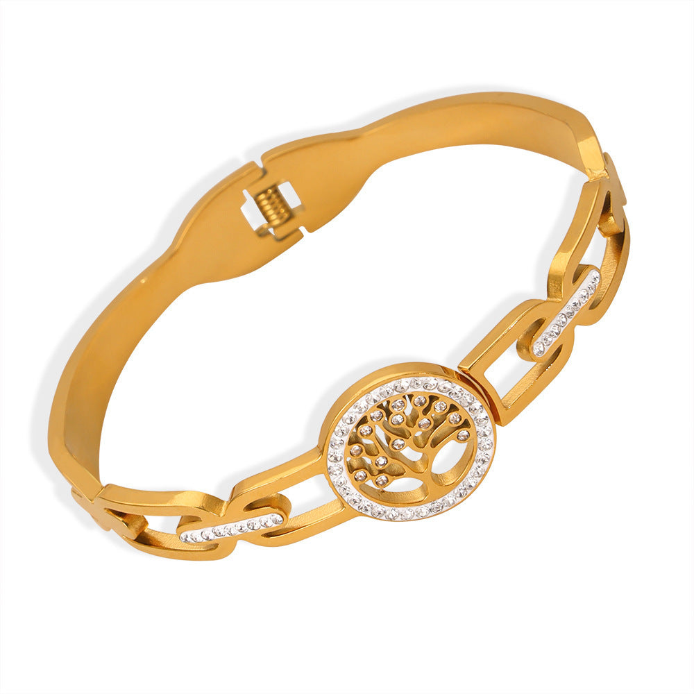 Tree Of Life Bracelet Female Hollow Jeweled Titanium Steel Gold-plated Bracelet