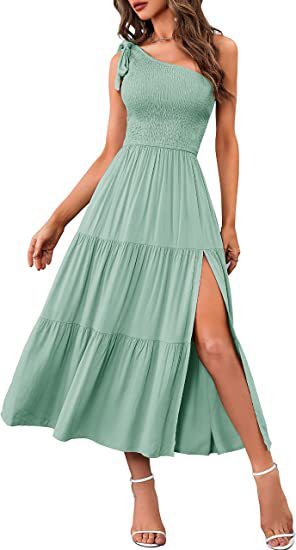 Women's One-shoulder Pleated Layered Hem Split Dress