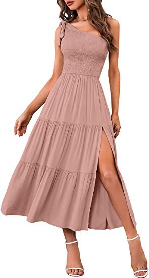 Women's One-shoulder Pleated Layered Hem Split Dress