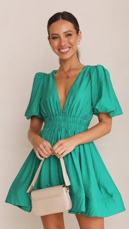 Female V-neck Lantern Sleeve Waist Trimming Short-sleeved Dress | $34.99 | InTown Shopping