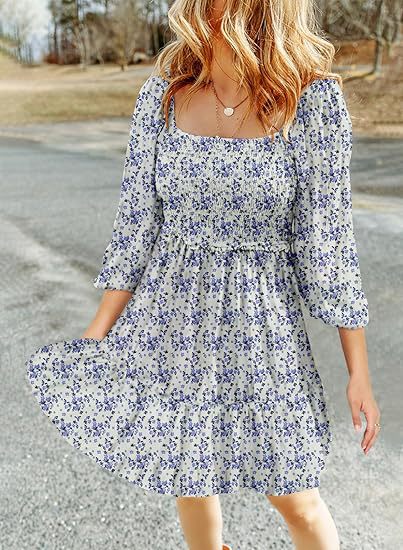 Women's Square Collar Pleating 34 Sleeve Printed Dress | $29.99 | InTown Shopping