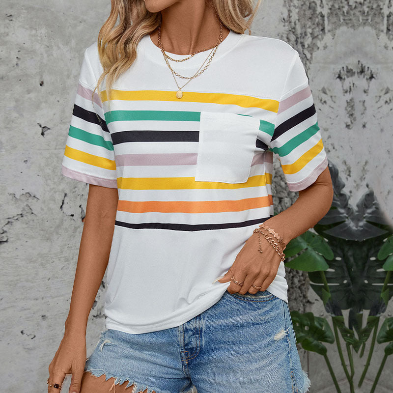 Women's Colorful Striped Short-sleeved T-shirt Summer