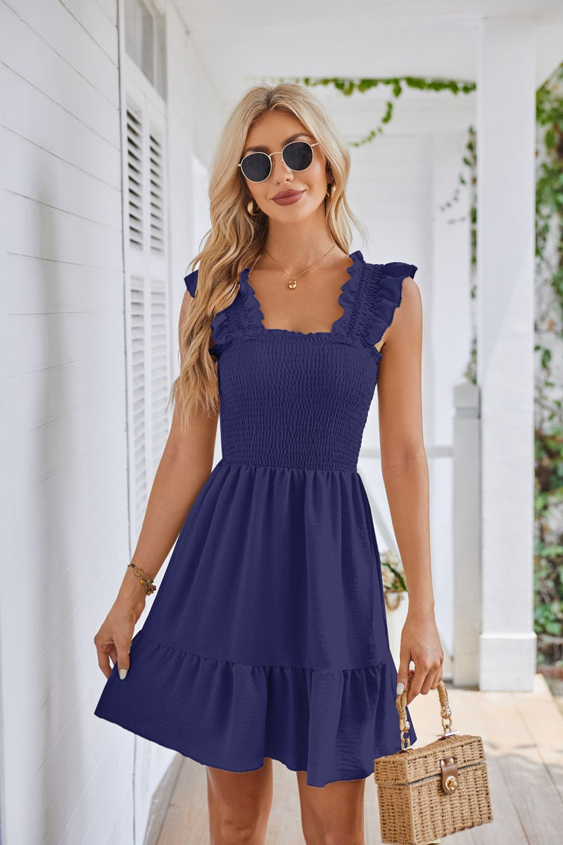 Women's Square Collar Pleated Short Dress | $29.99 | InTown Shopping