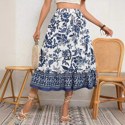 Bohemian Blue And White Porcelain Printed A- Line Skirt | $24.99 | InTown Shopping