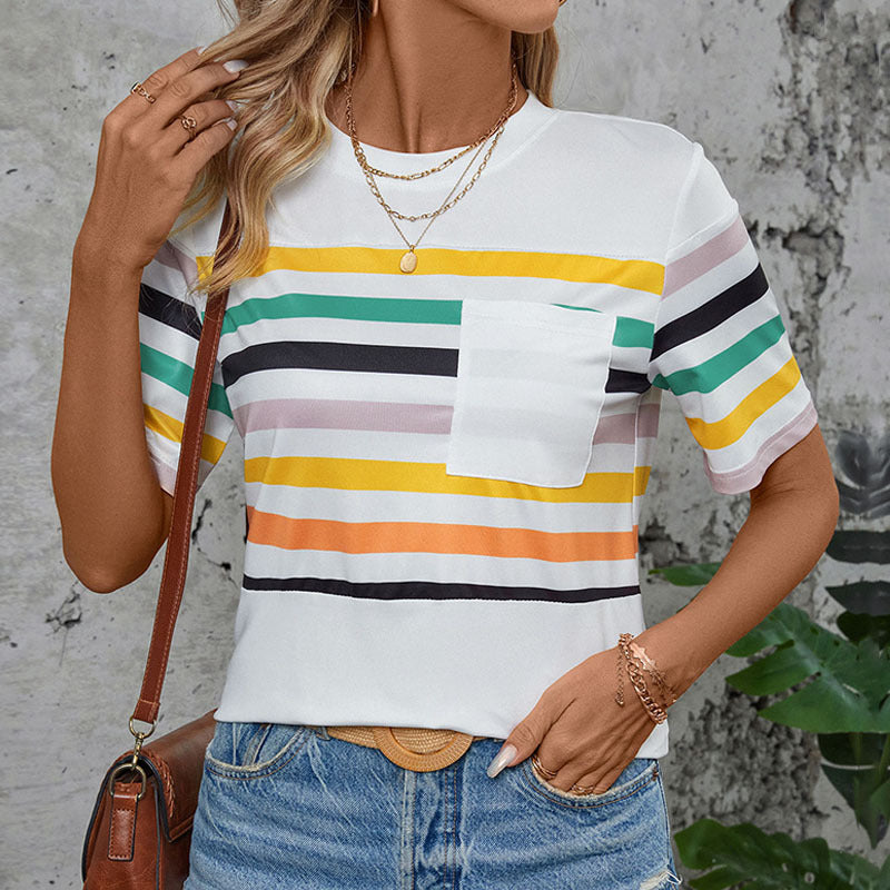 Women's Colorful Striped Short-sleeved T-shirt Summer