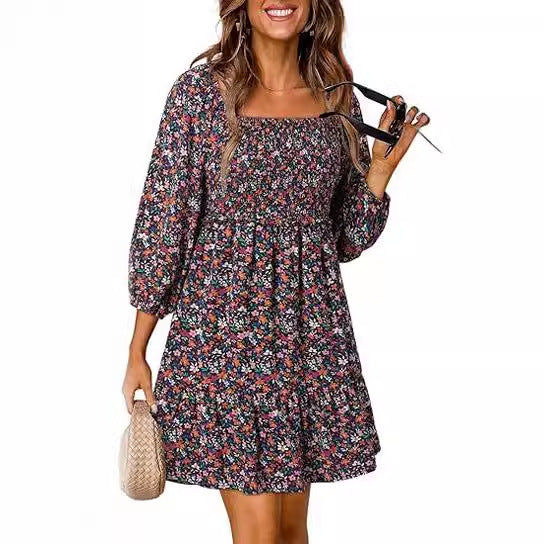 Women's Square Collar Pleating 34 Sleeve Printed Dress | $29.99 | InTown Shopping