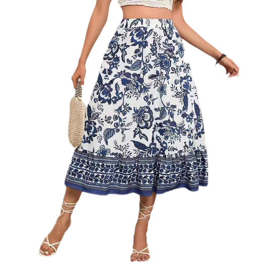 Bohemian Blue And White Porcelain Printed A- Line Skirt | $24.99 | InTown Shopping