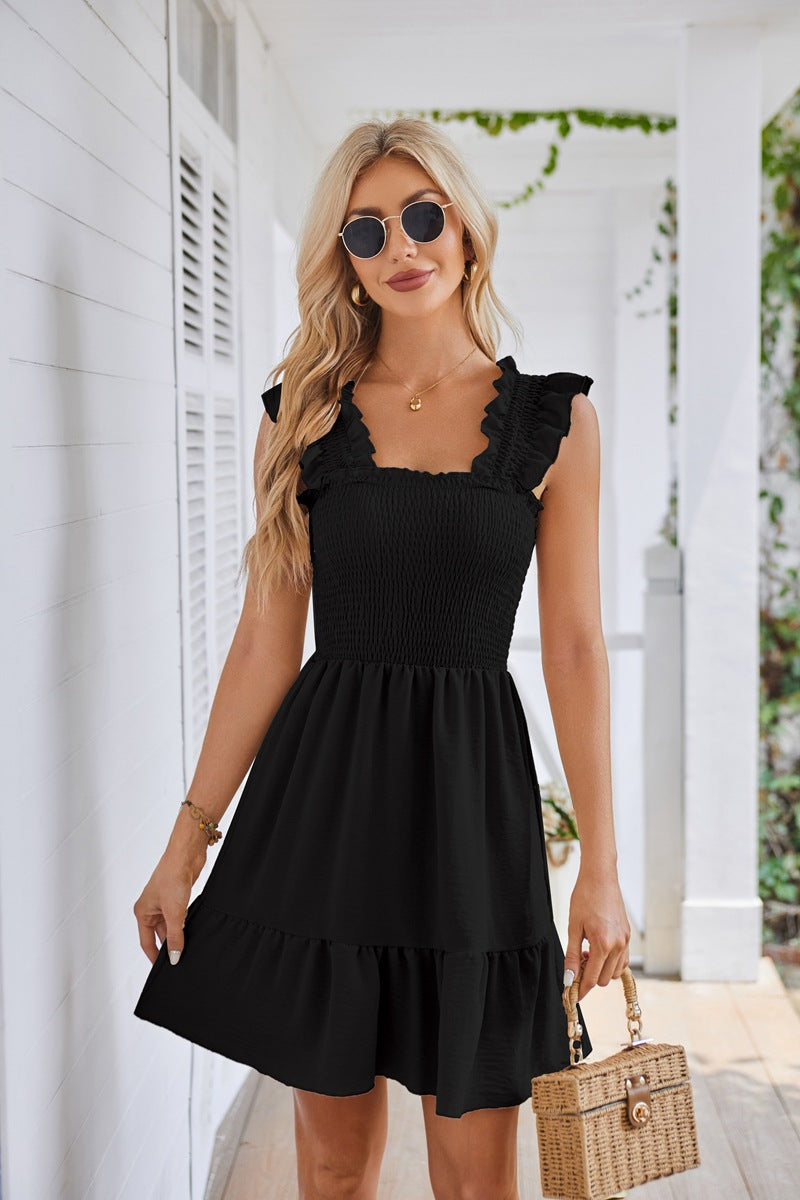 Women's Square Collar Pleated Short Dress | $29.99 | InTown Shopping