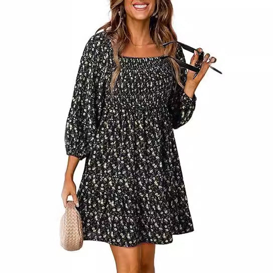 Women's Square Collar Pleating 34 Sleeve Printed Dress | $29.99 | InTown Shopping