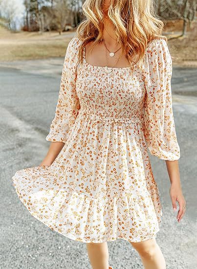 Women's Square Collar Pleating 34 Sleeve Printed Dress | $29.99 | InTown Shopping