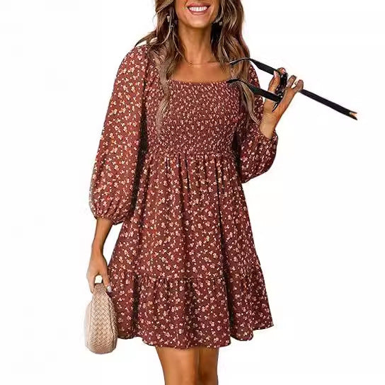 Women's Square Collar Pleating 34 Sleeve Printed Dress | $29.99 | InTown Shopping