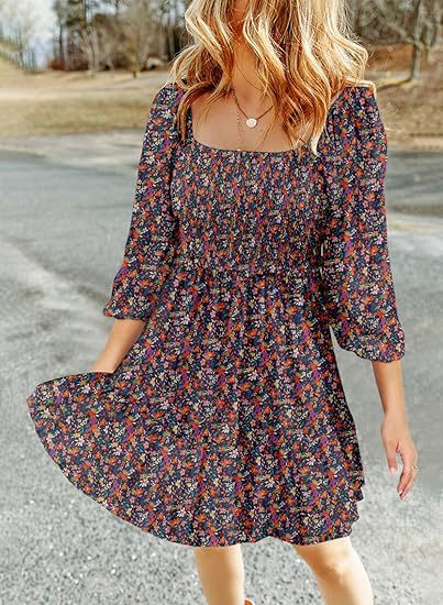 Women's Square Collar Pleating 34 Sleeve Printed Dress | $29.99 | InTown Shopping