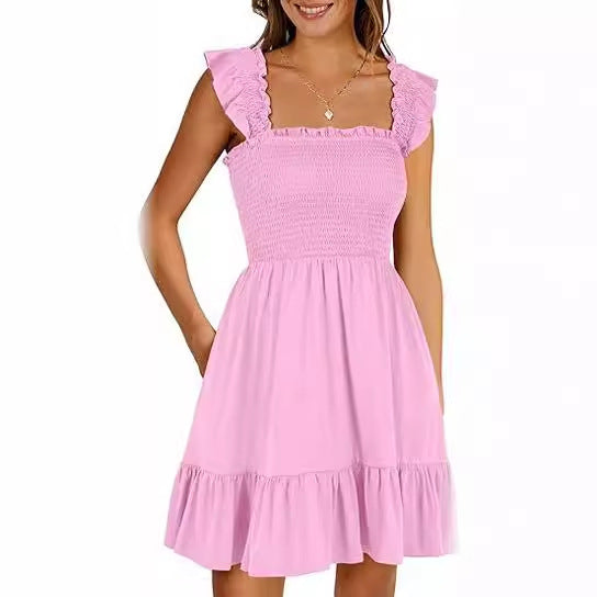 Women's Square Collar Pleated Short Dress | $29.99 | InTown Shopping