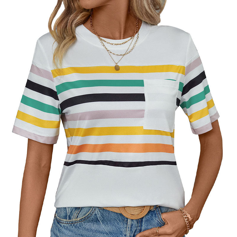 Women's Colorful Striped Short-sleeved T-shirt Summer