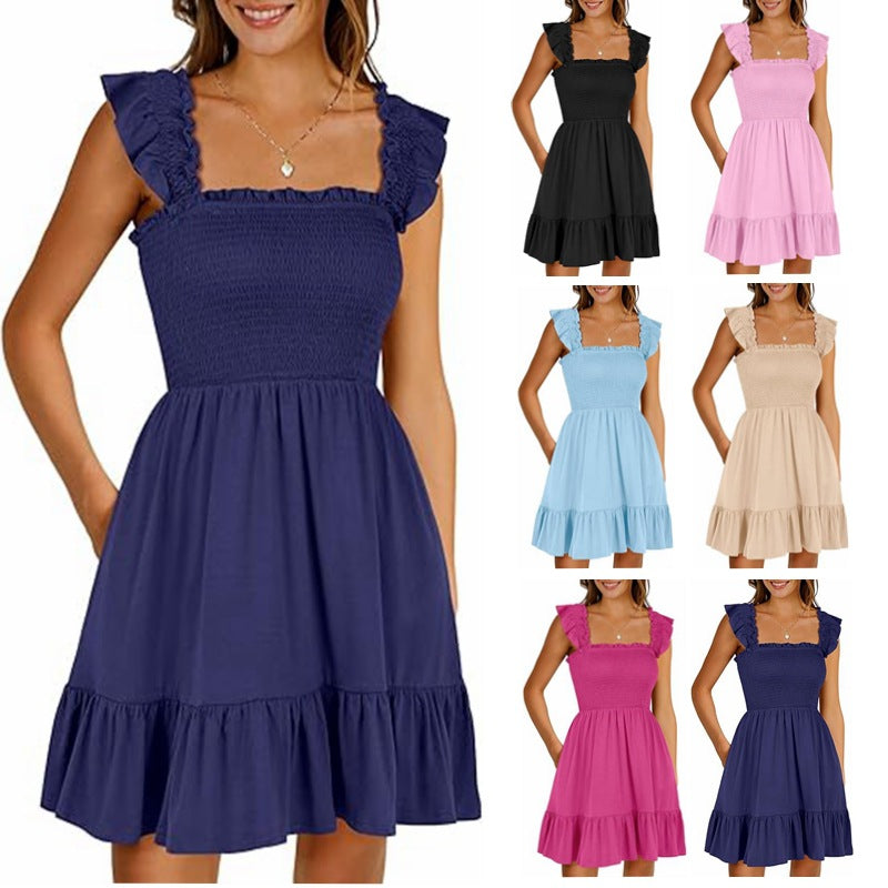 Women's Square Collar Pleated Short Dress | $29.99 | InTown Shopping