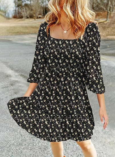 Women's Square Collar Pleating 34 Sleeve Printed Dress | $29.99 | InTown Shopping