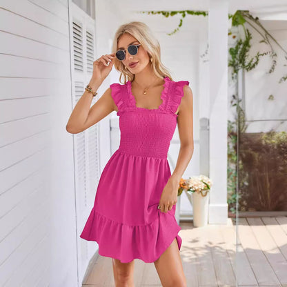 Women's Square Collar Pleated Short Dress | $29.99 | InTown Shopping