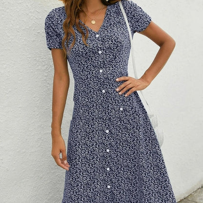 Spring And Summer Hot-selling Single Breasted V-neck Floral Dress | $29.99 | InTown Shopping