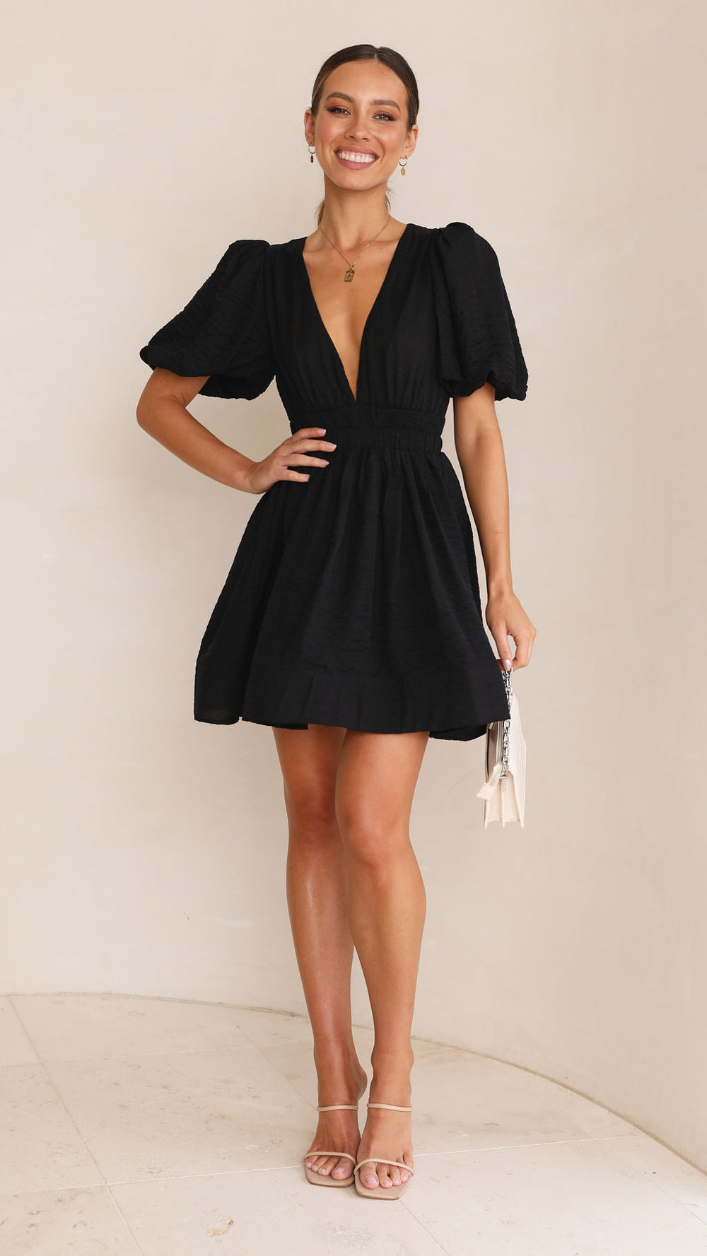 Female V-neck Lantern Sleeve Waist Trimming Short-sleeved Dress | $34.99 | InTown Shopping