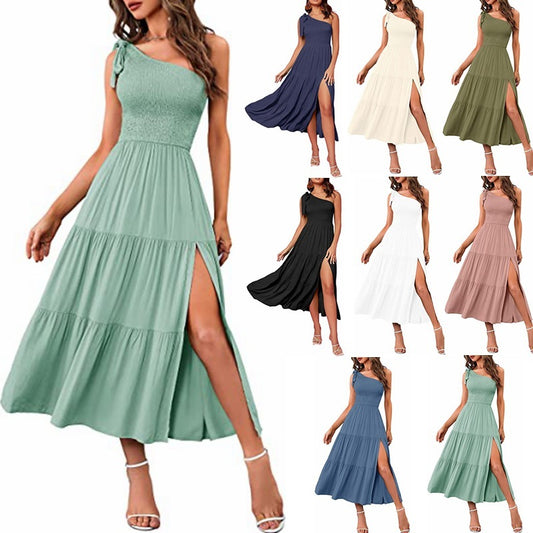 Women's One-shoulder Pleated Layered Hem Split Dress