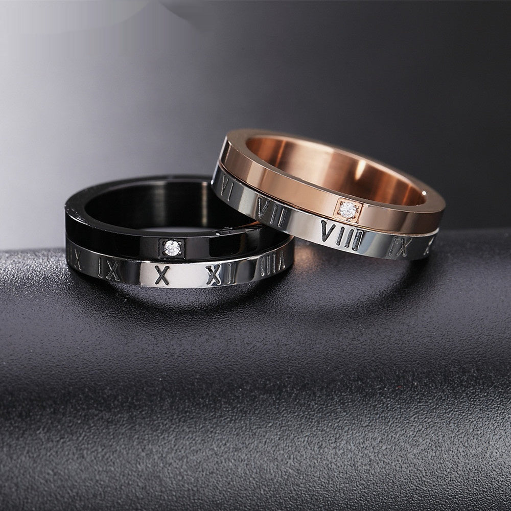 Rotatable Roman Numeral Titanium Steel Couple Ring