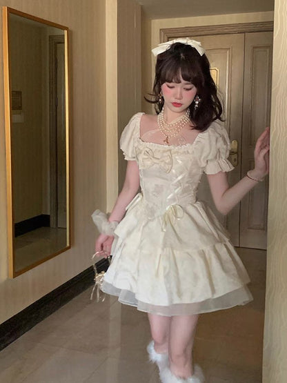 Female French Gentle Sweet Bow Retro Square Collar Dress | $34.99 | InTown Shopping