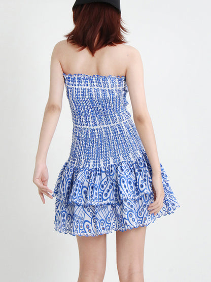 New Arrival Strapless Slim Ruffle Hem Embroidered Short Dress | $84.99 | InTown Shopping