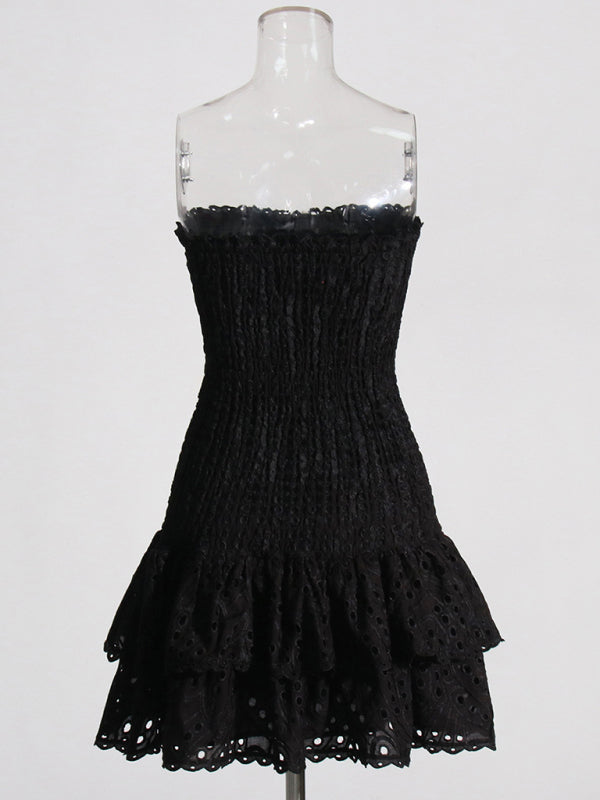 New Arrival Strapless Slim Ruffle Hem Embroidered Short Dress | $84.99 | InTown Shopping