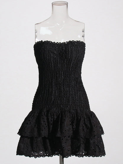 New Arrival Strapless Slim Ruffle Hem Embroidered Short Dress | $84.99 | InTown Shopping