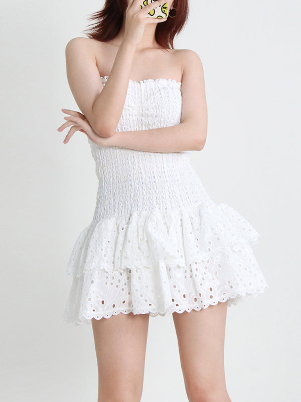 New Arrival Strapless Slim Ruffle Hem Embroidered Short Dress | $84.99 | InTown Shopping