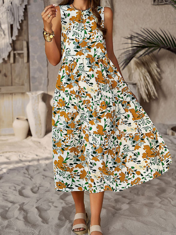 Spring and summer halter neck loose holiday multi-layer print dress | $44.99 | InTown Shopping