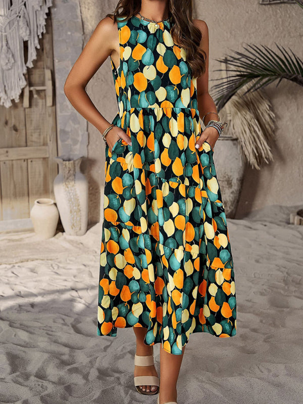 Spring and summer halter neck loose holiday multi-layer print dress | $44.99 | InTown Shopping