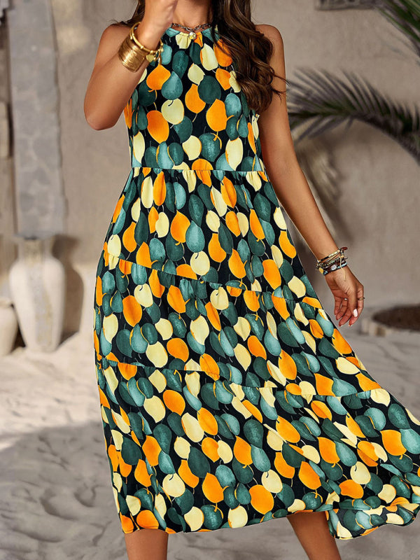 Spring and summer halter neck loose holiday multi-layer print dress | $44.99 | InTown Shopping