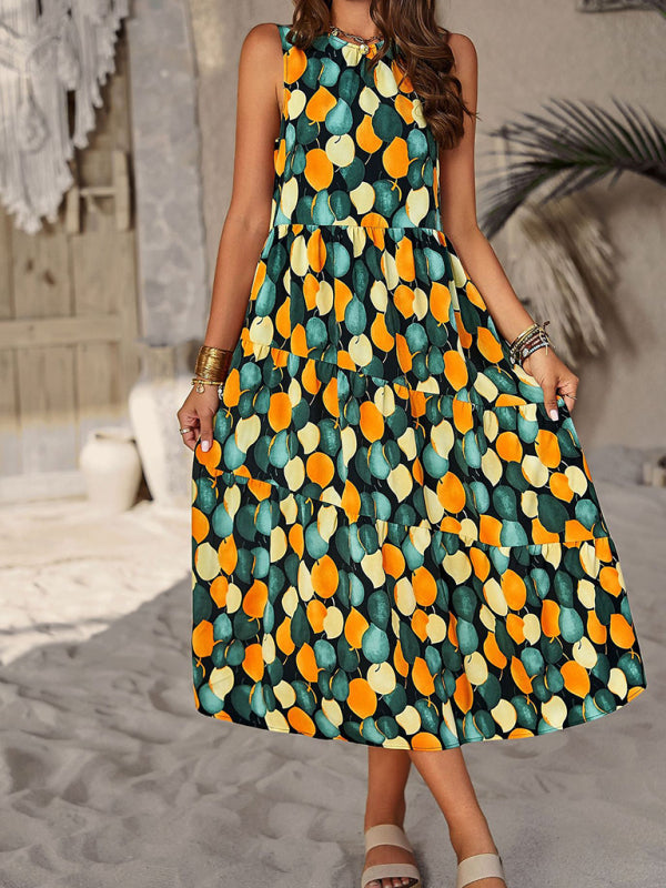 Spring and summer halter neck loose holiday multi-layer print dress | $44.99 | InTown Shopping